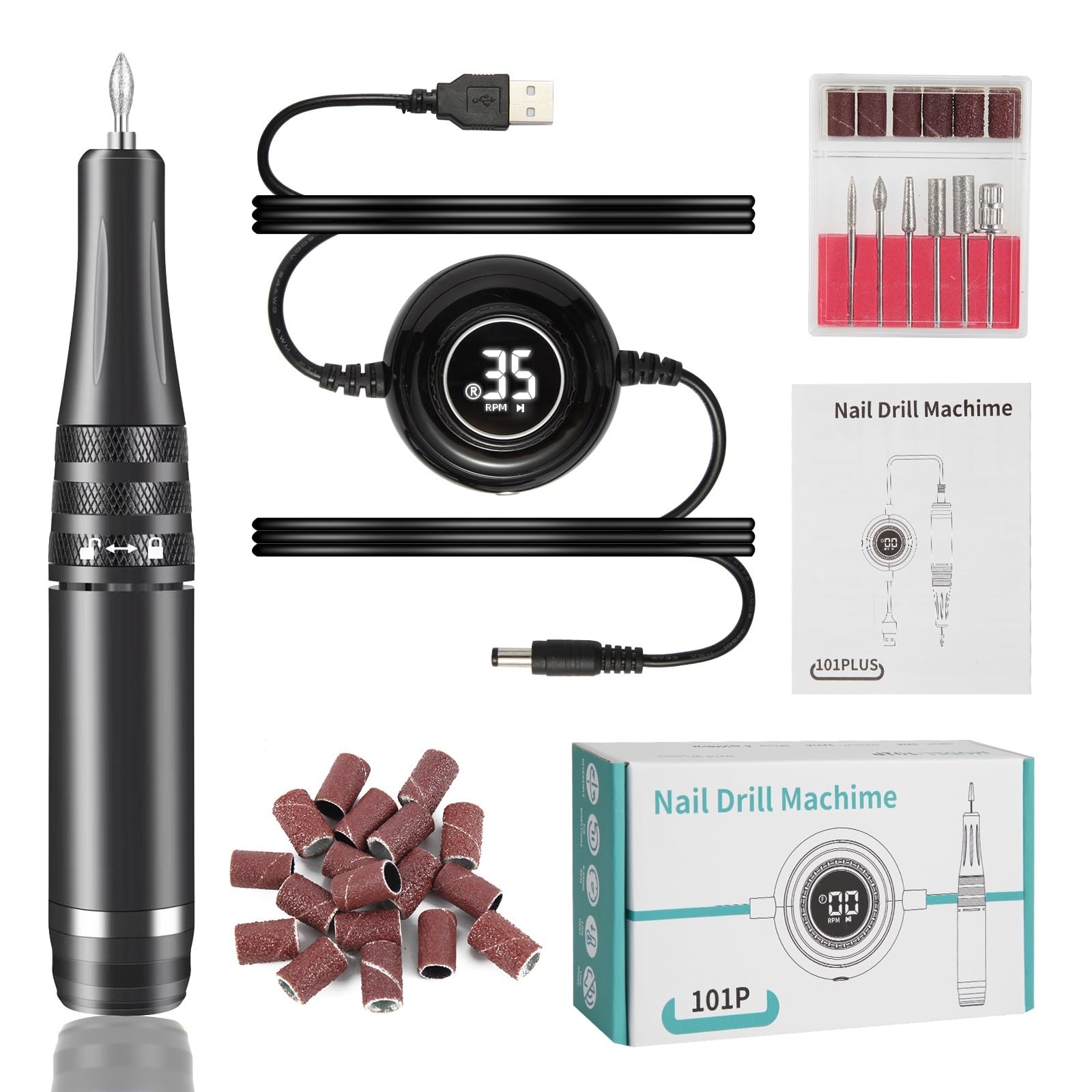 Máquina de manicura de 35000 RPM, taladro de uñas eléctrico, torno de uñas portátil, juego de cortador de manicura eléctrico, pulidor de uñas en gel, equipo de salón(101P Black)