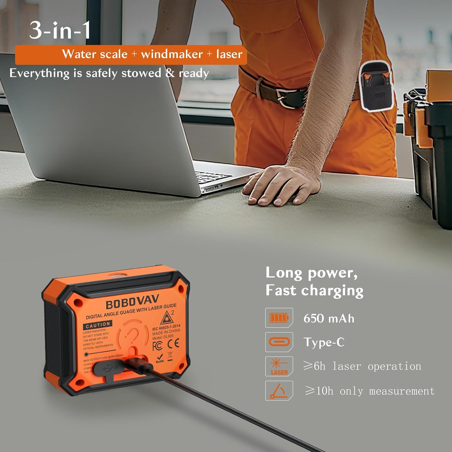 Rechargeable Digital Angle Finder with Laser and Magnetic Base, 4×90° & 2×180° Electronic Inclinometer Protractor Level Gauge for for Woodwork, Miter Saw, Hanging Frames