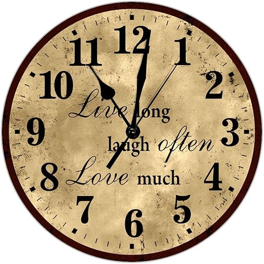 Wall Clock Battery Operated Retro Brown Clock Live Laugh Love Wall Clock for Kitchen Decor Non Ticking Wall Clock Decorative Wall Hanging Round Clock for Classroom 12 inch
