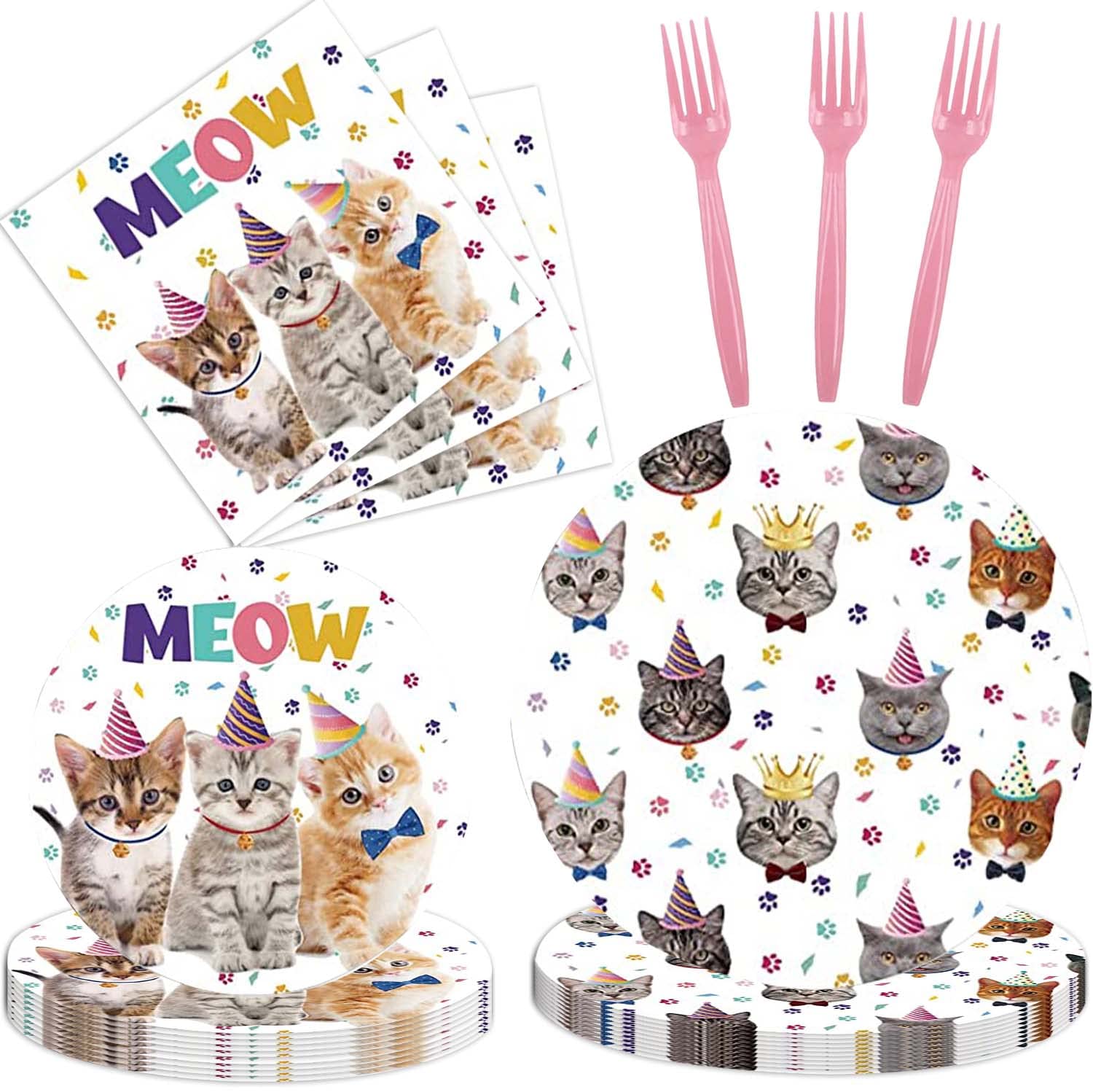 Cat Themed Birthday Party Supplies, Cat Birthday Party Tableware Decoration Including Paper Plate, Napkin, Forks (10 Guests,50 Pieces)