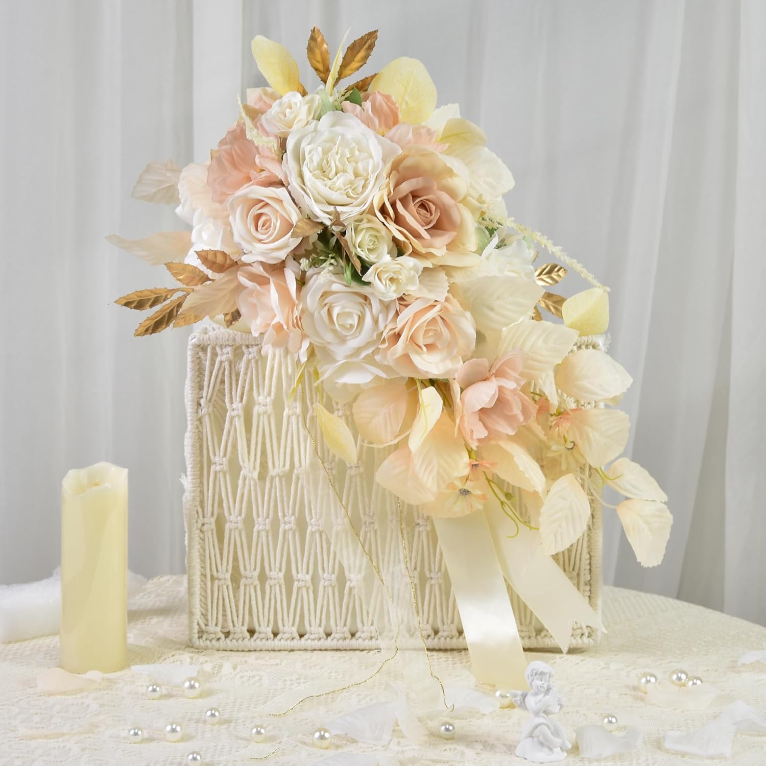 Wedding Bouquets for Bride & 4 Bridesmaids (Pack of 5) - 1pcs 20in Bride Bouquet & 4pcs 8in Bridesmaid Bouquets Vintage Beige Artificial Flower