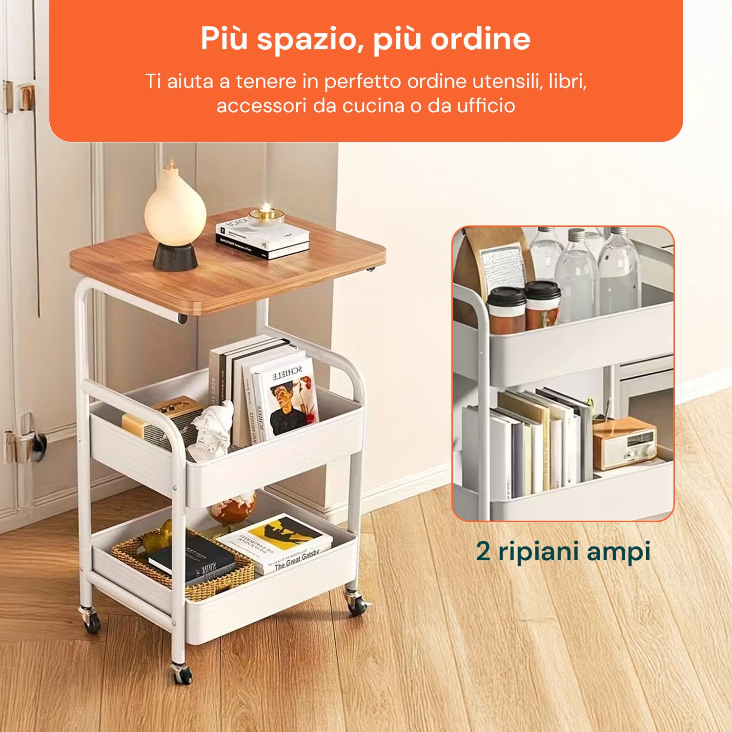Avilia - Carrello Cucina Multiuso a 2 Ripiani in Metallo e Legno - Mobile Salvaspazio con 4 Ruote Girevoli a 360° - Organizer Portatutto per Casa, Ufficio e Bagno - 77x43x30 cm - Industrial
