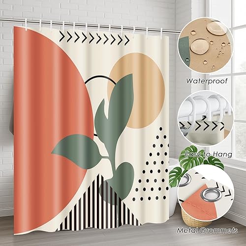 Miniatura 6 de Tayney Juego de cortina de ducha bohemia de mediados de siglo con tapa de inodoro y alfombras antideslizantes, juego de 4 cortinas de ducha botánico