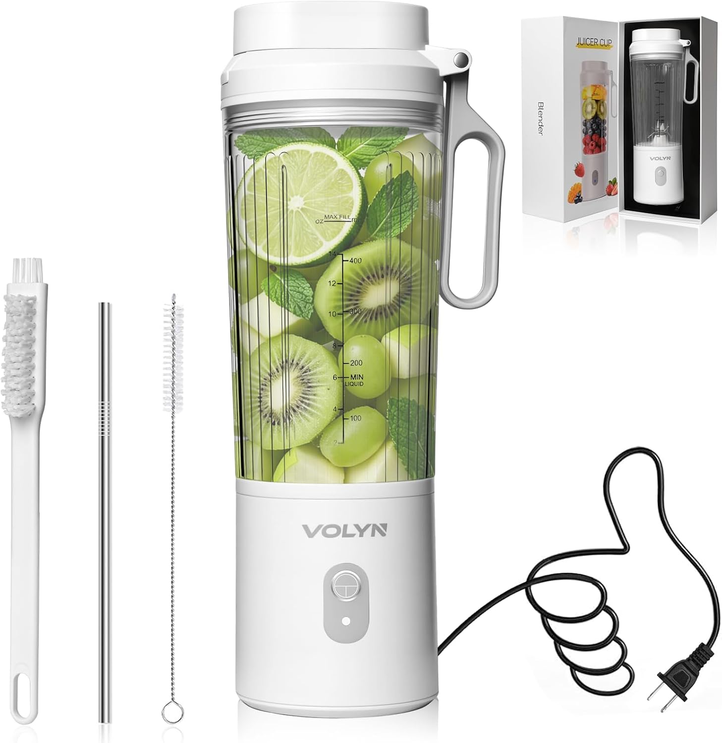 VOLYN Mini Electric Blender Smoothie Maker with Straw & Cleaning Brush | Mini Personal Blender for Fruit Drinks, Smoothies & Milkshakes, Compact Space-Saving Design for Kitchen and Office, White