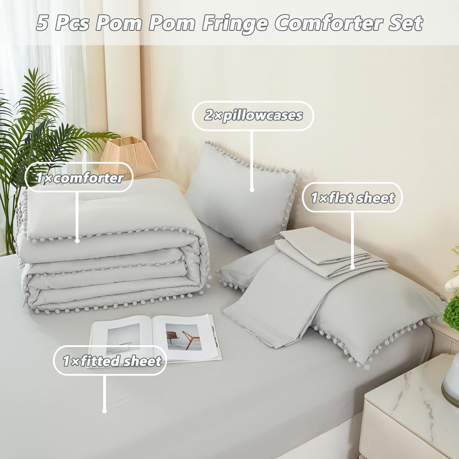 PERFEMET Light Grey Comforter Twin Size 5-Piece Bed in a Bag Set Pom Pom Bedding with Sheets for Girls Boys Soft Fluffy Down Alternative Boho Solid Comforter Set(Light Grey, Twin)