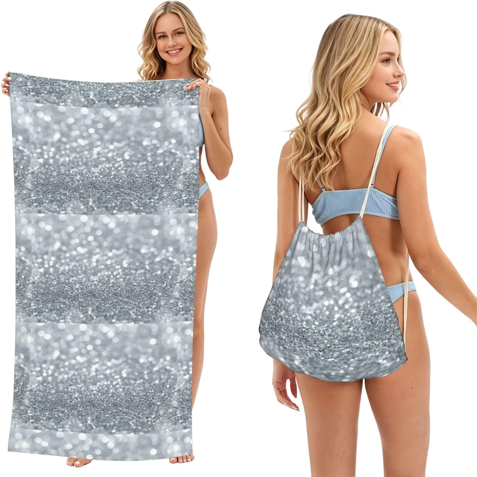 Poadnly As Picture White Silver Glitter Bokeh Glam Trendy Sparkle, 2 In 1 Packable Towel Bag, Beach Towels With Drawstring Backpack For Travel Holiday Camping