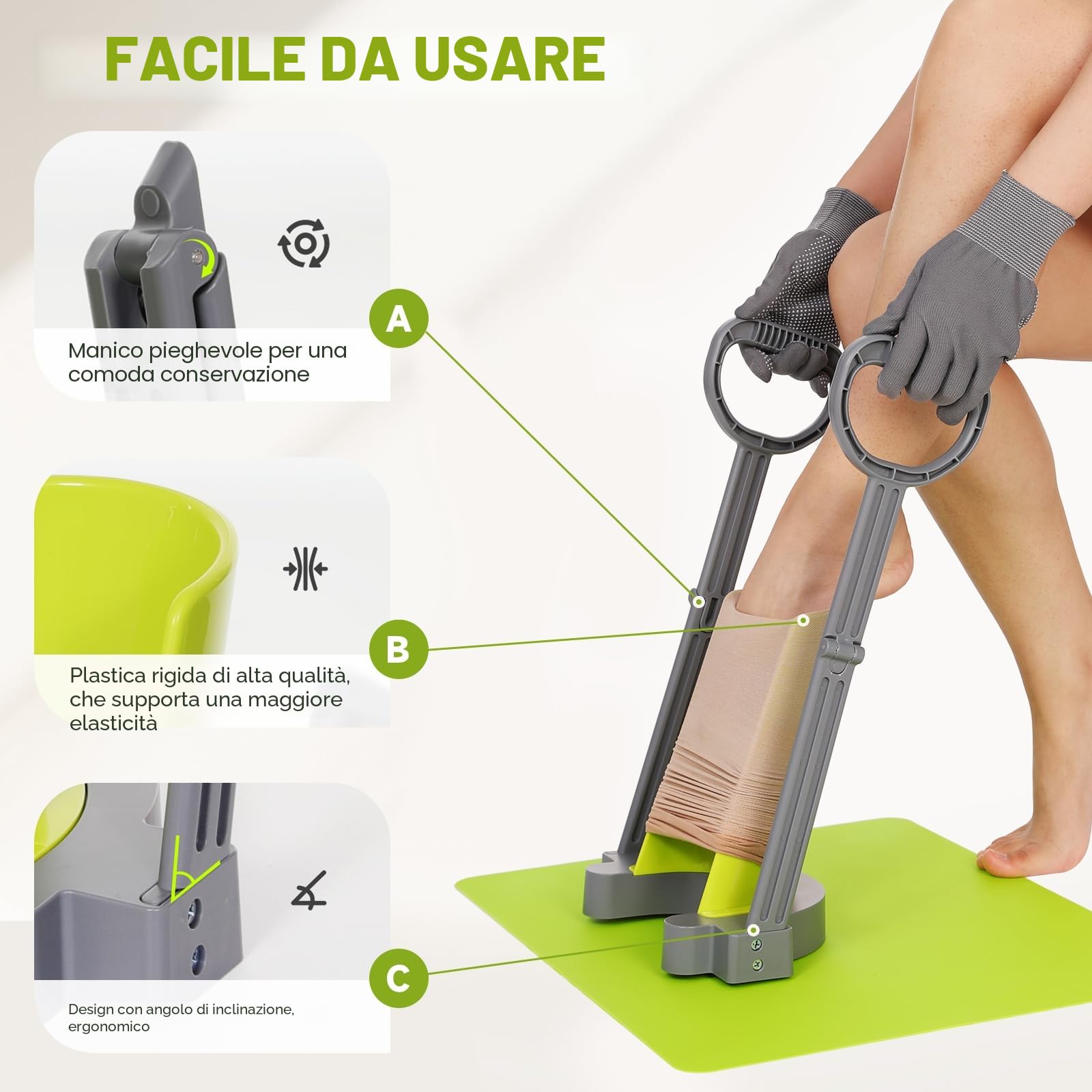 Supporto per calze a compressione e calze di supporto, con tappetino antiscivolo in silicone, senza piegarsi, con guanti speciali per calze a compressione