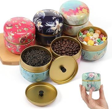 6Pcs Mini Tea Tins, 1.8oz Food Containers, 8.5x8.5cm Metal Tea Caddy, Airtight Flowers Pattern Nut Jars for Coffee Sugar Chocolate Loose Leaf Candy Herbs Spices Candle