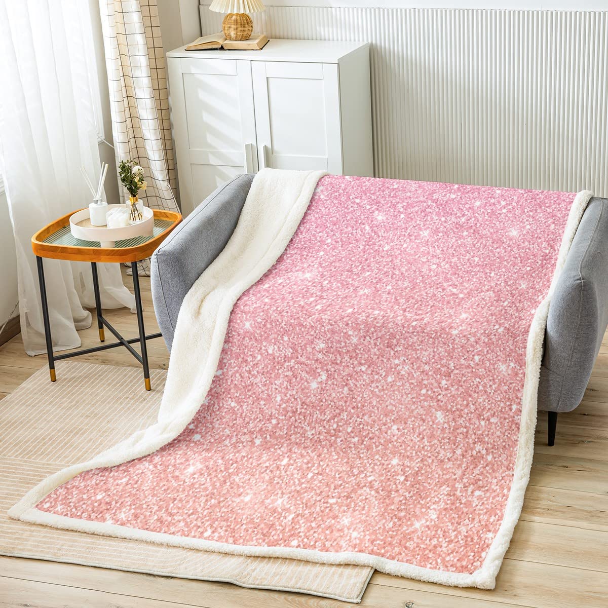 Coperta Sherpa glitterata in pile pastello, coperta per ragazze, per ragazze, con stampa arcobaleno, stile colorato, rosa, coperta sfocata per camera da letto, 200 x 220 cm