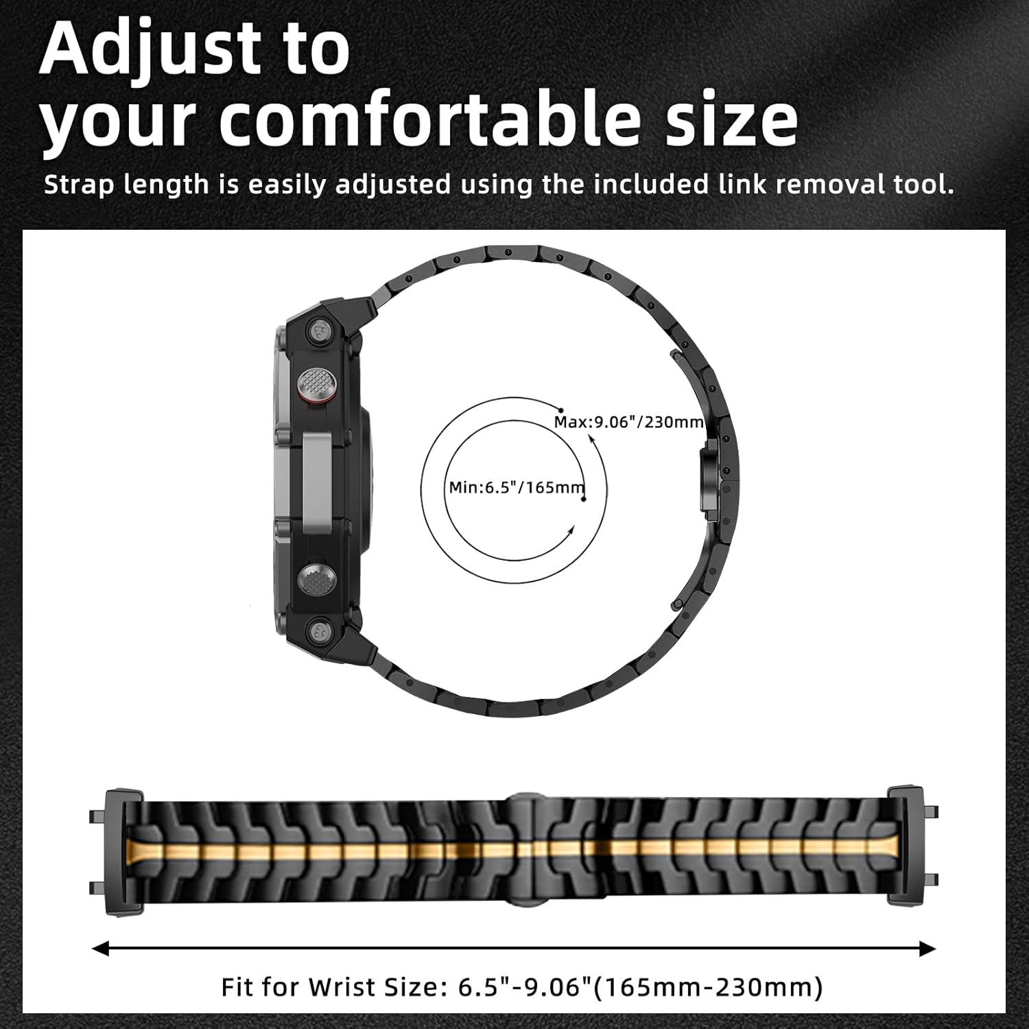 Metal Band for Amazfit T-Rex 3 48mm, Stainless Steel, Metal Adjustable Strap, Men Women, No Gap Replacement Bracelet Wristband for Amazfit T-Rex 3 48mm - Black Gold