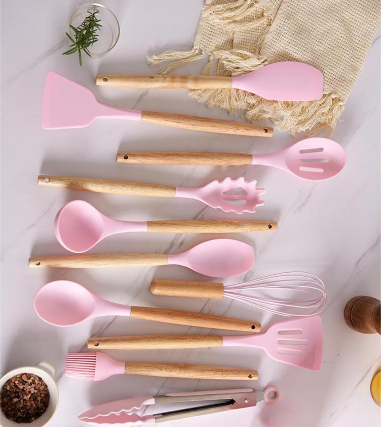 19 Piece Kitchenware Utensils and Knife Set- includes: 9 Piece Silicone Cooking Utensils- 5 Piece Sharp Stainless Steel Chef Knives- Scissors -Whisk Tongs and Cutting Board (Pink)