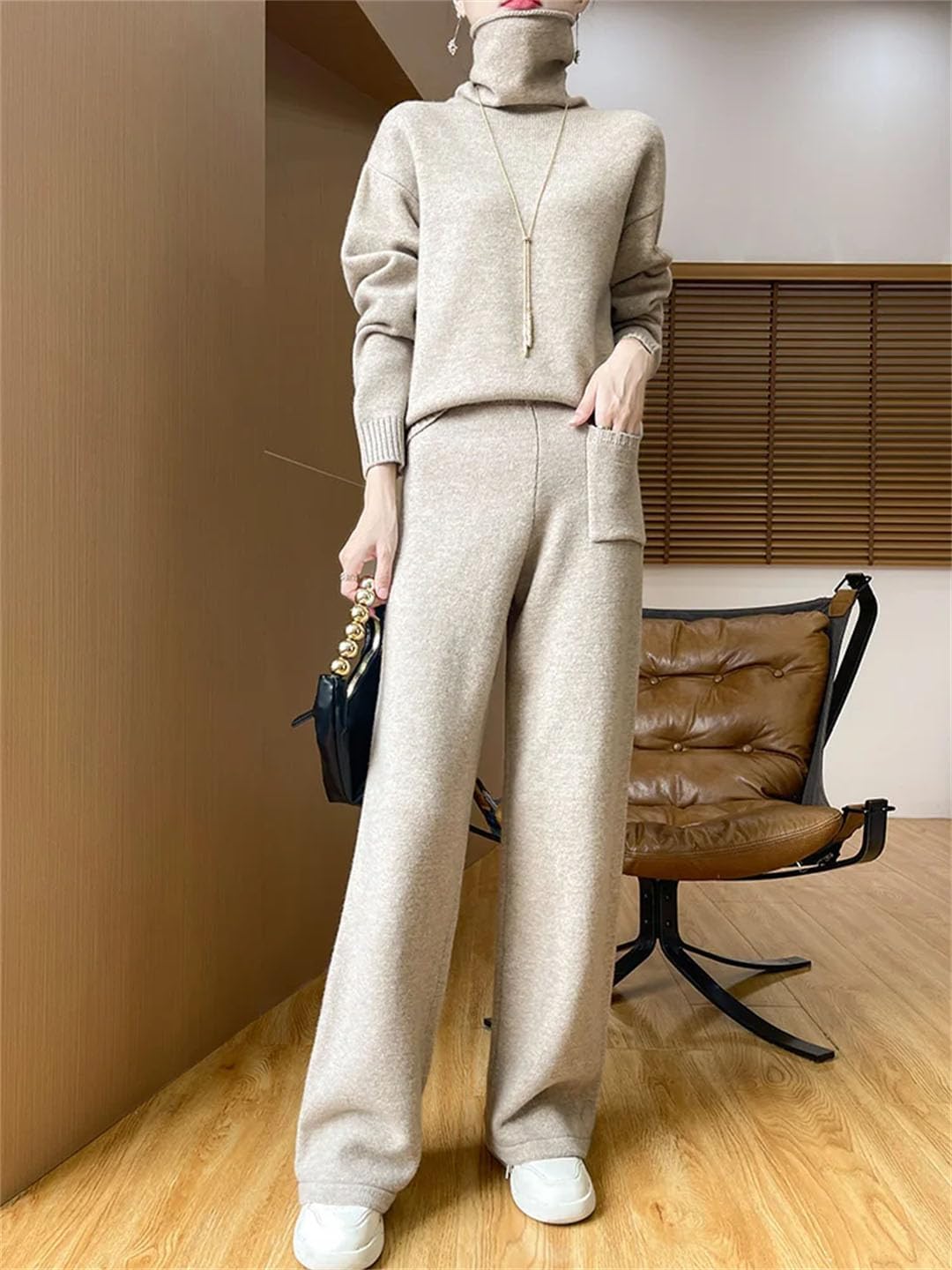 Women Wool Pullover Pantsuit Turtleneck Cashmere Sweater 100% Merino Wool Soft Knitwear Two Pieces Set - Image 3