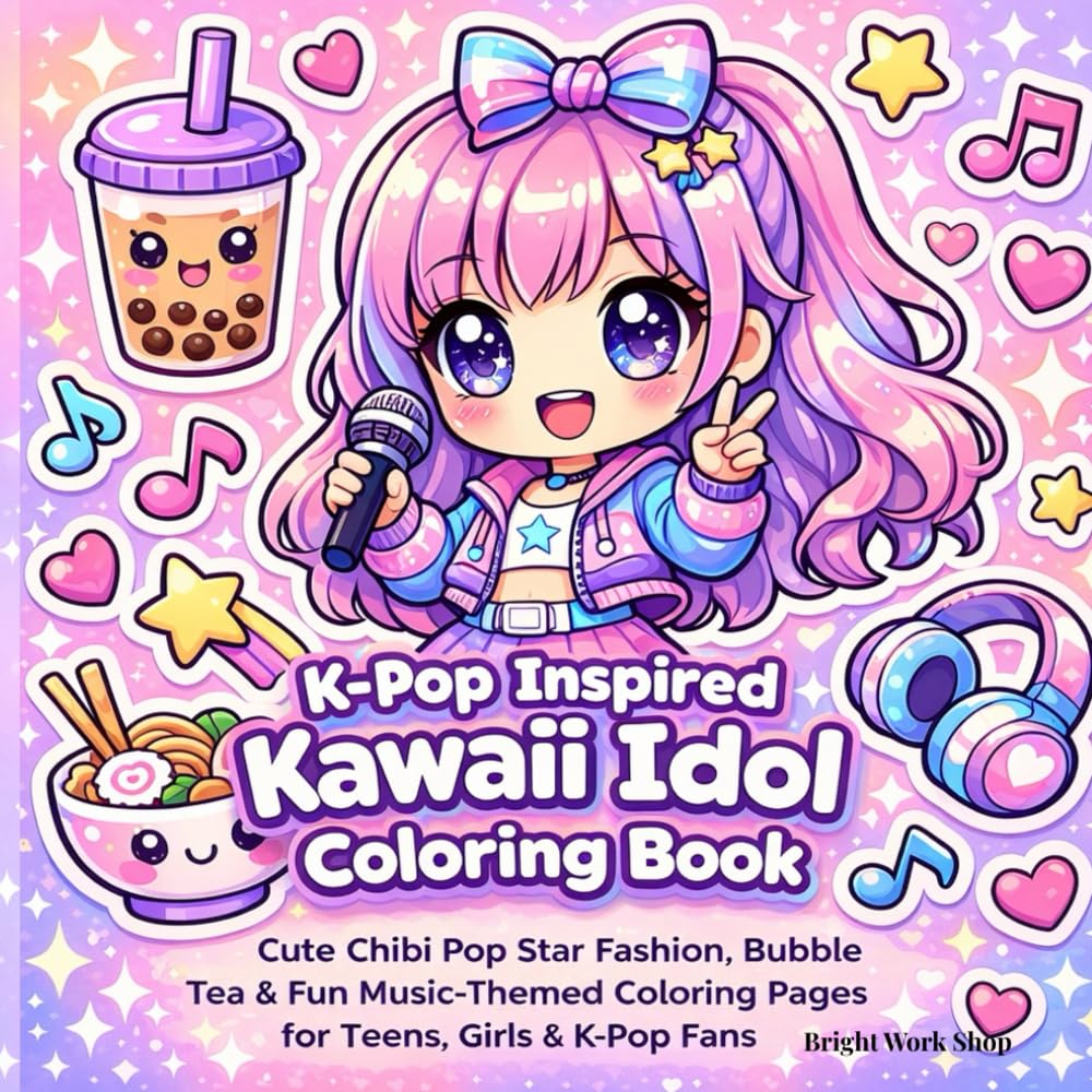K-Pop Inspired Kawaii Idol Coloring Book: Cute Chibi Pop Star Fashion, Bubble Tea & Fun Music-Themed Coloring Pages for Teens, Girls & K-Pop Fans