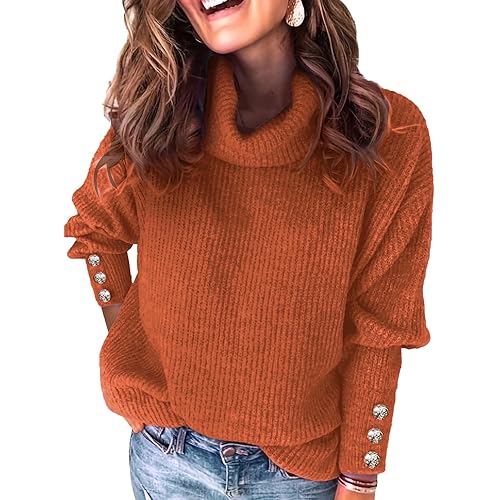 SunnyMelody Womens Turtleneck Dressy Sweater Fall 2025 Button Long Sleeve Pullover Sweaters - Cozy Ribbed Knit, Loose Fit