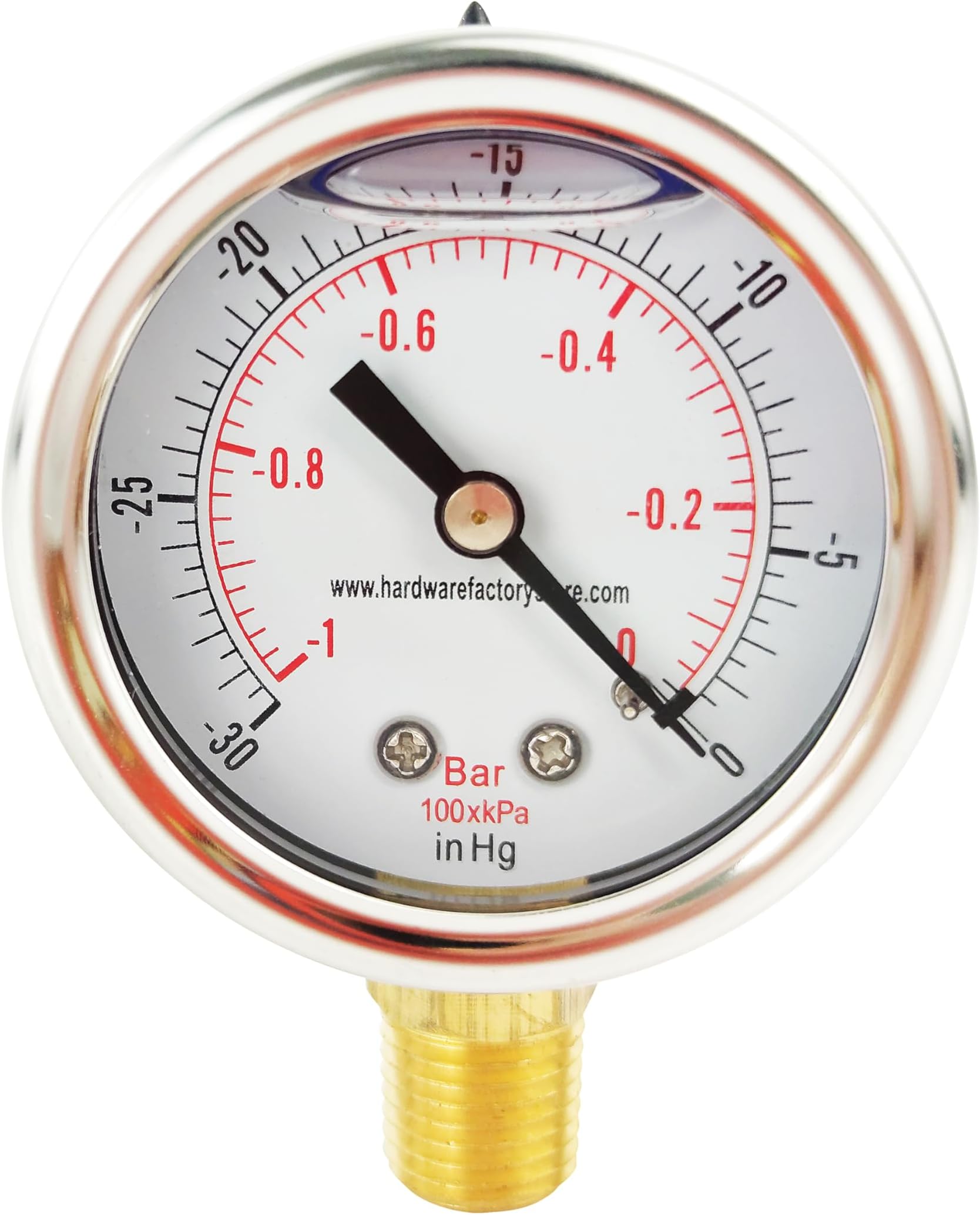 HFS(R) -30 inHg-0 PSI Vacuum Pressure Gauge Glycerin Liquid Filled, 2" Dial Size, 1/4" NPT Lower Mount, Stainless Steel Case, PSI and Bar Dual Scale