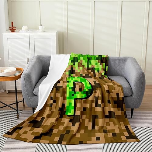 Miniatura 31 de Manta pixelada de franela con letras D, manta de forro polar para juegos de mineros, para niños y niñas, niños y adultos, manta mullida de Pixel
