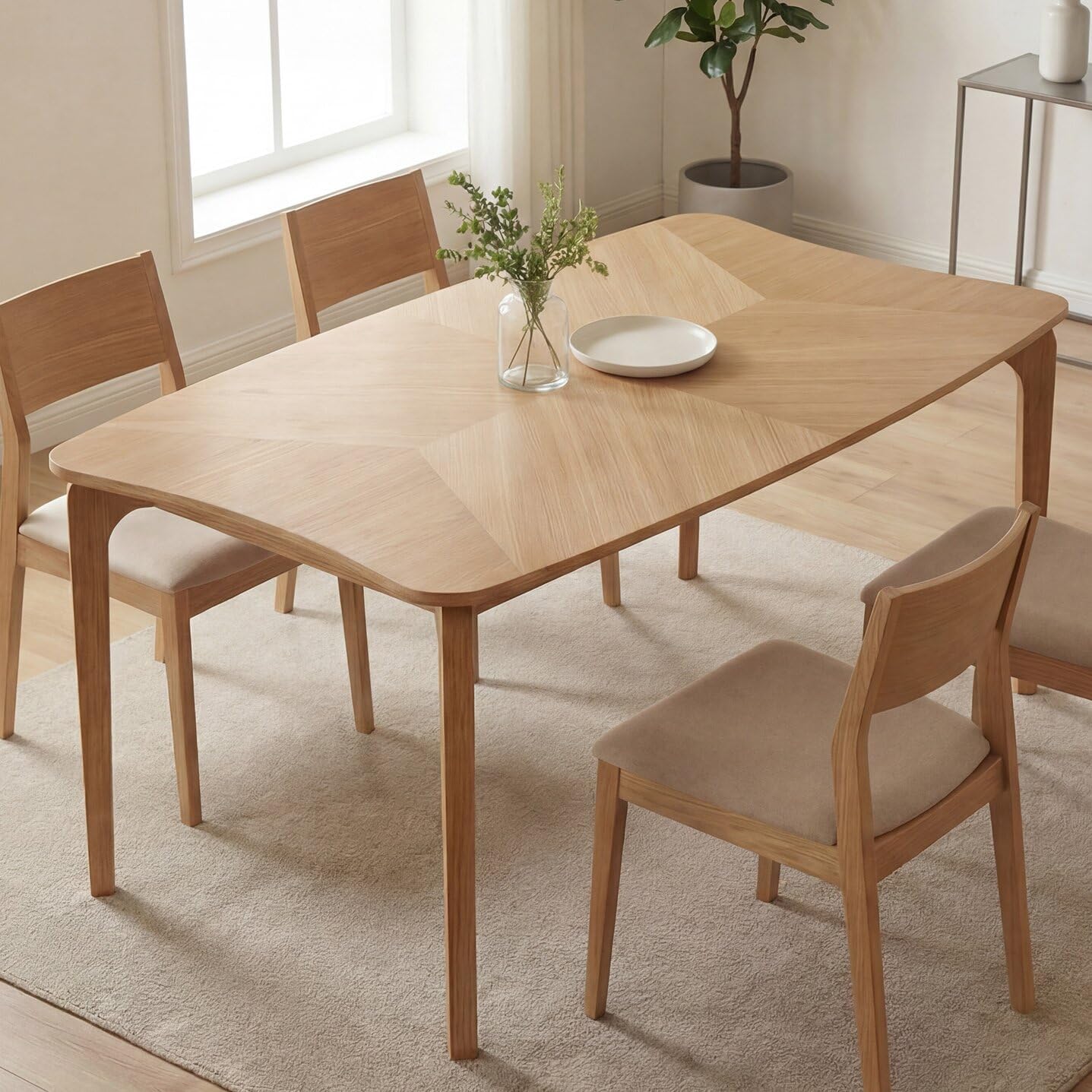 HNY Modern Curved Edge Dining Table, 63" Solid Wood Kitchen Table with Herringbone Pattern Mid-Century Rectangular Dinner Table for 6-9 People, Natural Oak Finish