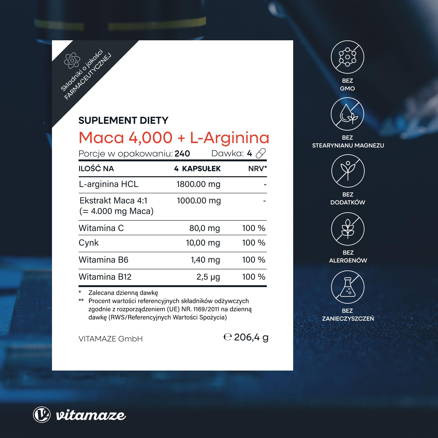 Vitamaze Maca 4000 mg + L-Arginina 1800 mg + Witaminy + Cynk, 240 Kapsulek na 2 Miesiace
