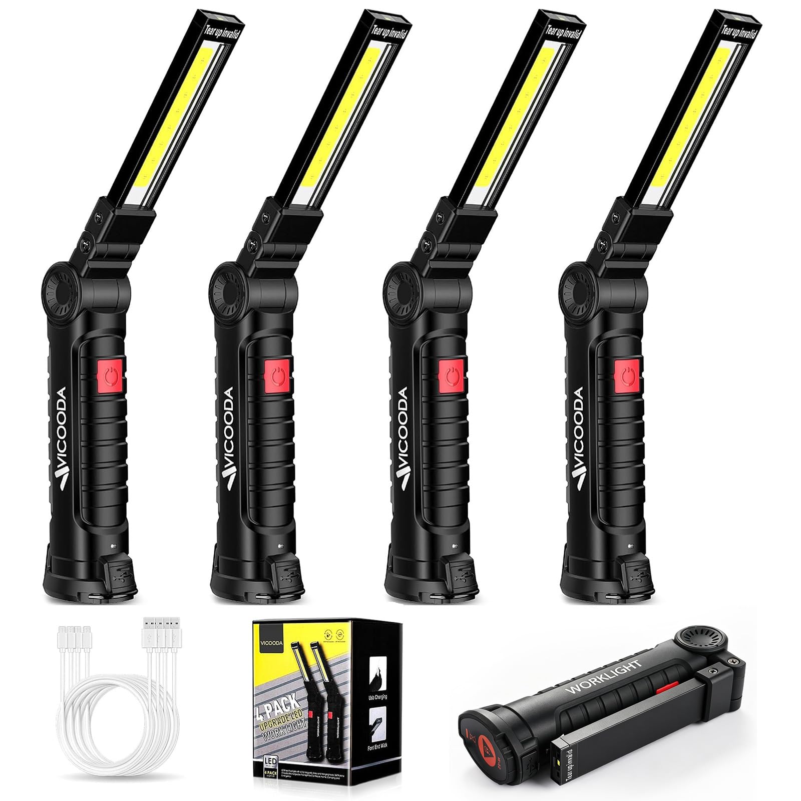 4 Stück Taschenlampen, LED-Arbeitslicht, Arbeitslicht mit Magnetfuß und Haken zum Aufhängen, 360° drehbar, 5 Modi, Grill, Notfall und alle engen Stellen (4 Stück)