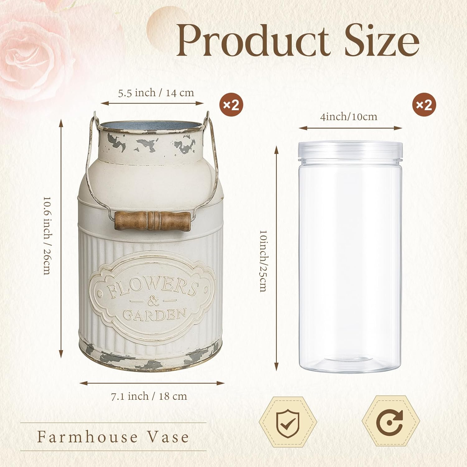 2 Pcs Shabby Chic Vase Milk Jug Vase Rustic White Metal Flower Bottle Farmhouse Galvanized Flower Bottle with Handle Vintage Decor for Home Garden Farmhouse Kitchen(10.6 x 7.1 x 5.5 Inch)