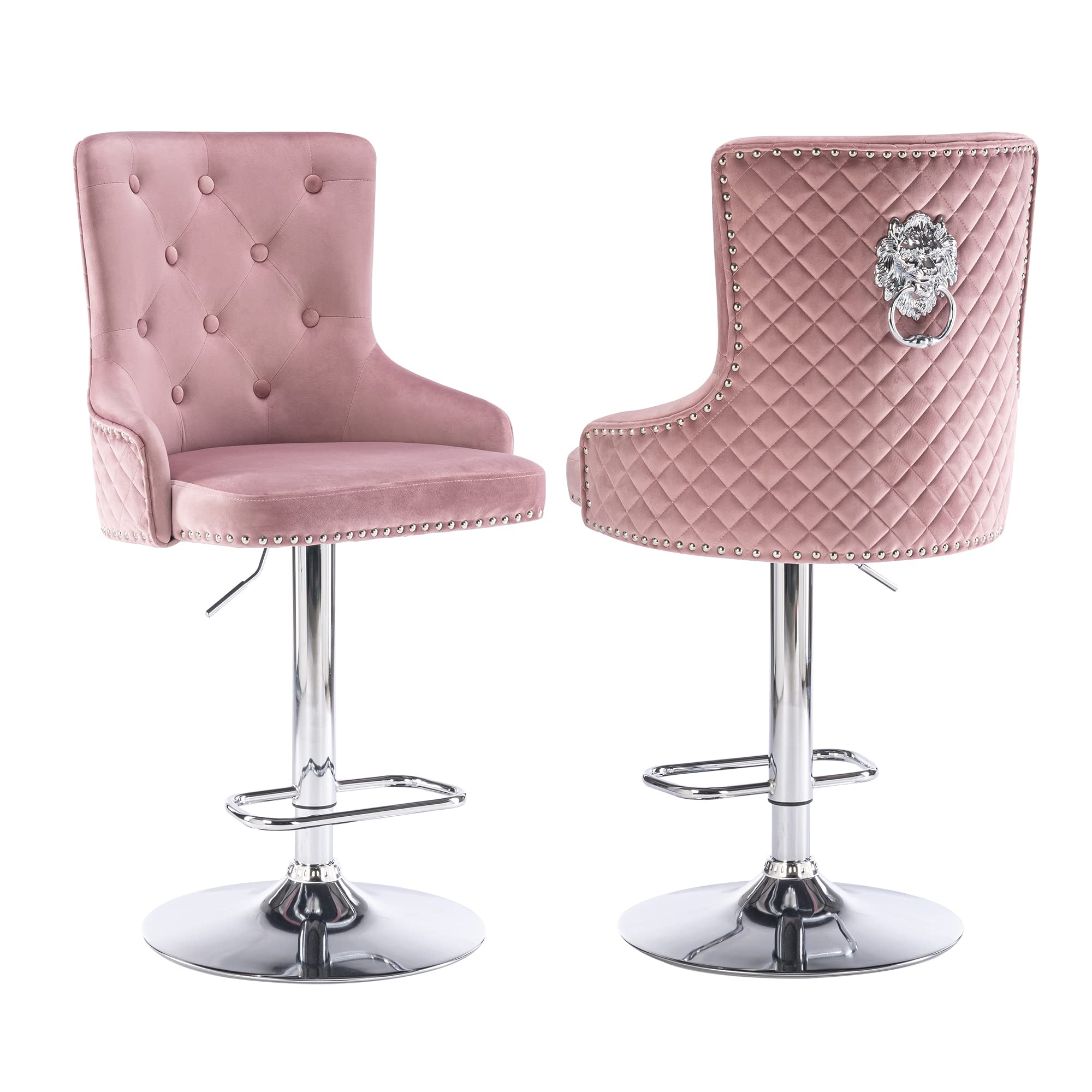Chummaven Kitchen Bar Stools Set of 2 with High Tufted Backrest, Velvet Bar Stools with Lion Pull Ring, Modern Upholstered Counter Height Swivel Stools Chrome Base Footrest for Kitchen Island(Pink)