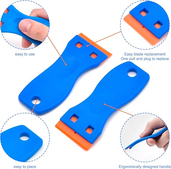8 Pcs Plastic Razor Blade Scraper and 100 Pcs Blades, Remove Label Decal Tool, Forwithout Scratches Plastic Razor Blade Scraper, Adhesive Remover for Stickers, Kitchen Appliances and Paints on Window