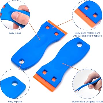 8 Pcs Plastic Razor Blade Scraper and 100 Pcs Blades, Remove Label Decal Tool, Forwithout Scratches Plastic Razor Blade Scraper, Adhesive Remover for Stickers, Kitchen Appliances and Paints on Window