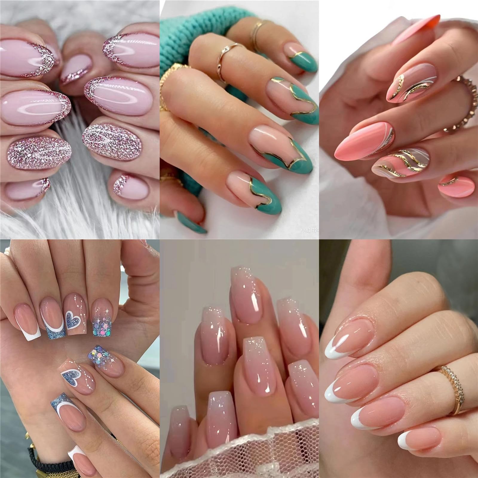 6 Packs (144 Pcs) French Tip Fake Nails Almond Sets, Glue on Nail for Women, Short Press on Nailss Medium Square Coffin False Nail Stick onNails.