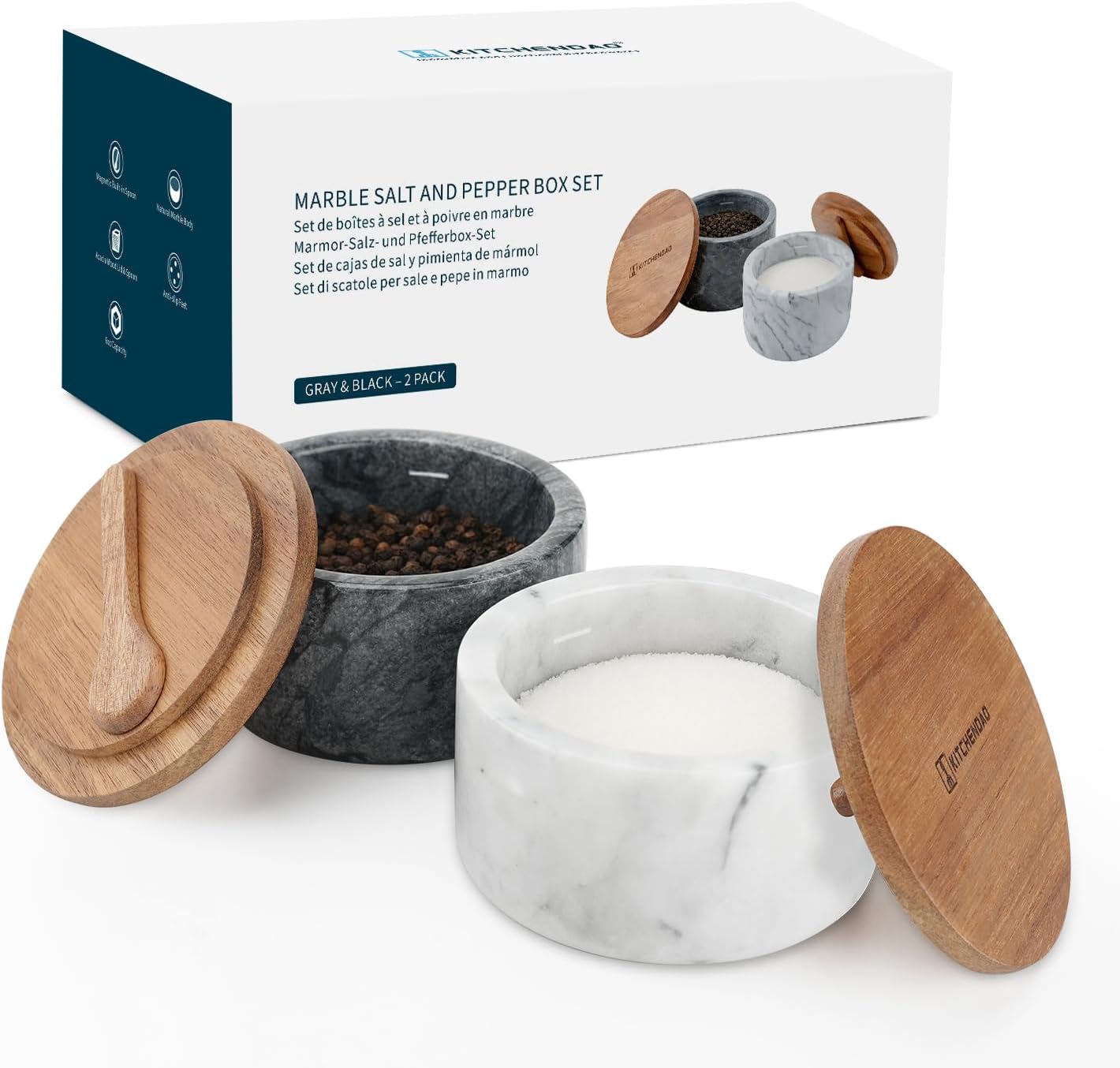 KITCHENDAO Marble Salt and Pepper Cellar Set with Magnetic Built-in Spoons, Marble Salt and Pepper Containers with Acacia Wood Lids & Spoons, Elegant Modern Countertop Spice Storage Set, 6 oz Each
