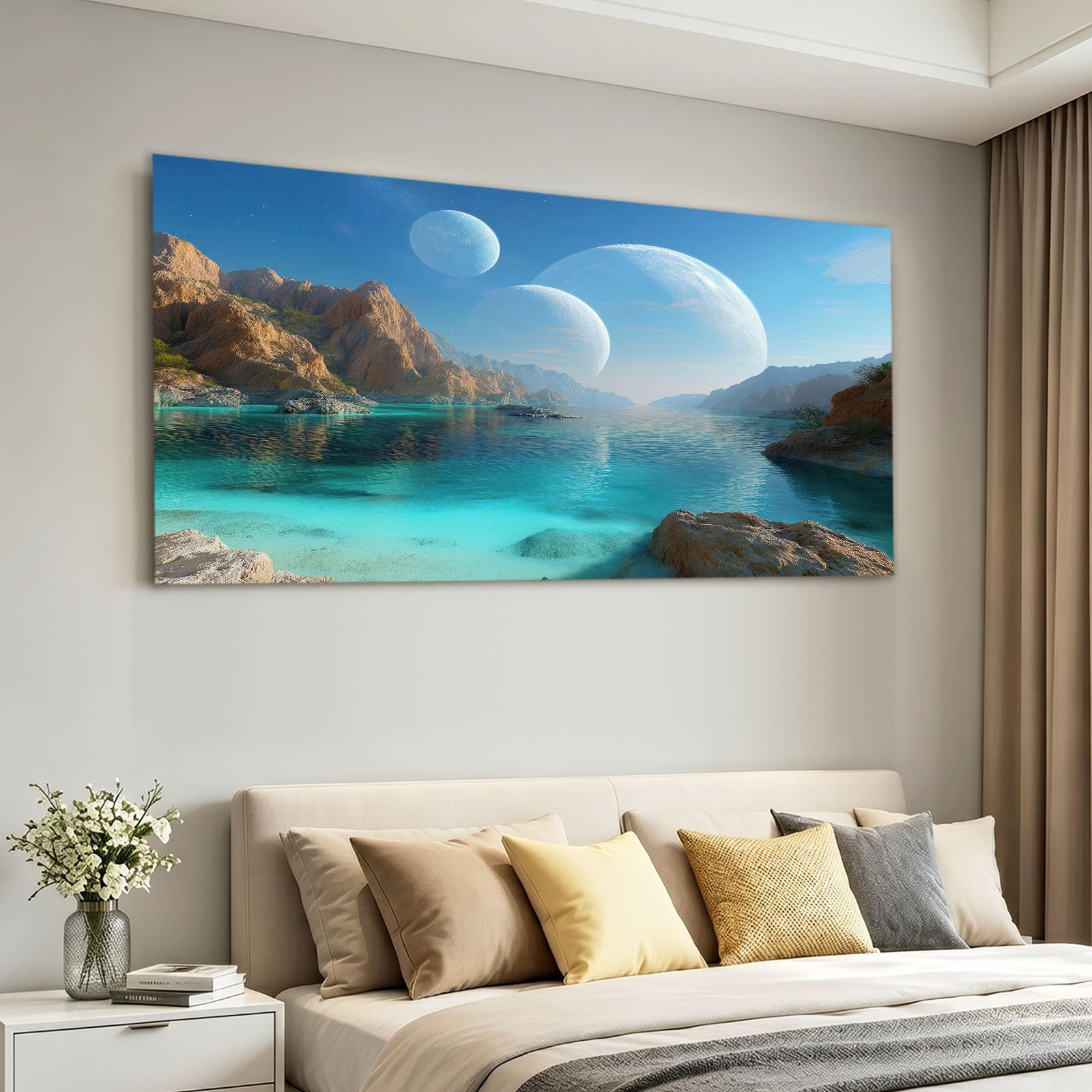 Obraz na płótnie, natura, krajobraz, XXL, obraz ścienny, dekoracja ścienna 120 x 60 cm, druk artystyczny na płótnie z drewnianą ramą, niebieskie góry, jezioro, planeta, dekoracja ścienna do salonu