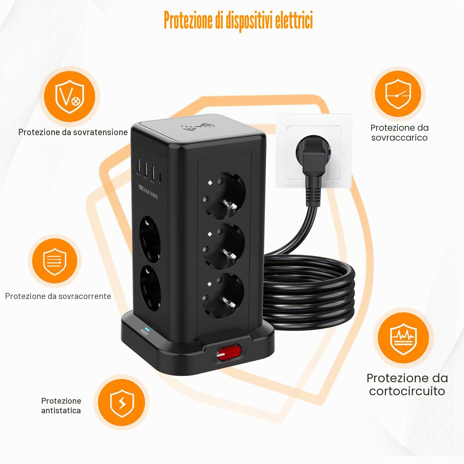 Torre di Prese 11-in-1 con Ricarica Wireless | Protezione da Sovratensione con Interruttore | 16A 3680W | Ciabatta (11 Schuko + 4 USB) | Cavo di Prolunga 2m | per Ufficio, Nero