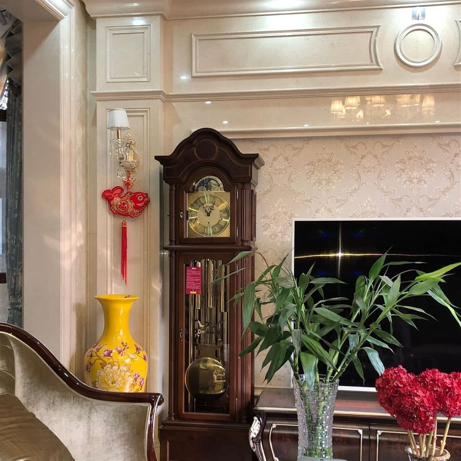 Grandfather Clock Wooden Clock, Brown Cherry Finish, White Dial, Acrylic Crystal, Roman Numerals, Vintage Home Decor Grandfather Alarm