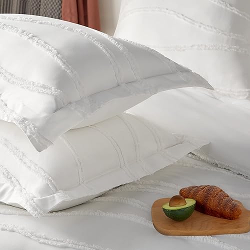 Miniatura 6 de Gemarwel Juego de edredón blanco Queen de 3 piezas, edredón blanco suave, juego de ropa de cama y colecciones ligero bohemio copetudo (edredón de 90