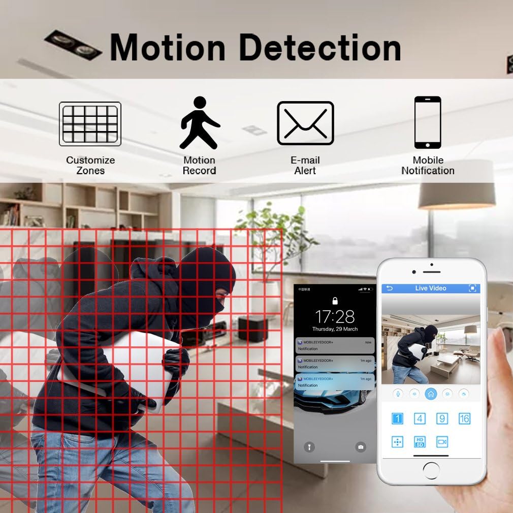 Screenshot showing motion detection settings with customizable zones, motion record, email alert, and mobile notification options. A phone displays a live view with a motion alert.