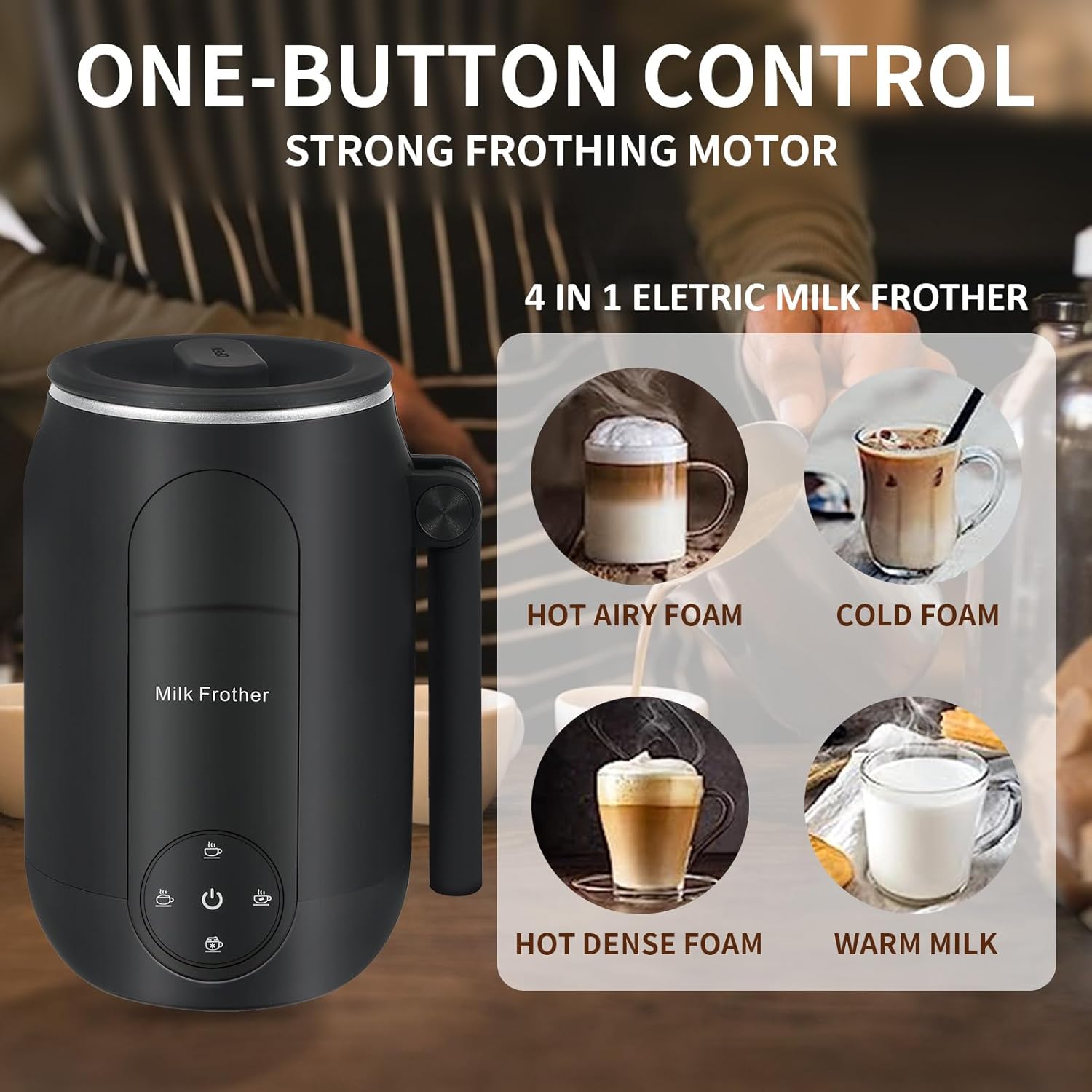 Milk Frother, 4 in 1 Quick Frother, Electric Milk Frother, Multi-Mode Functional and Silent for Coffee, Latte, Cappuccino, Macchiato, Hot Chocolate for Home and Bar