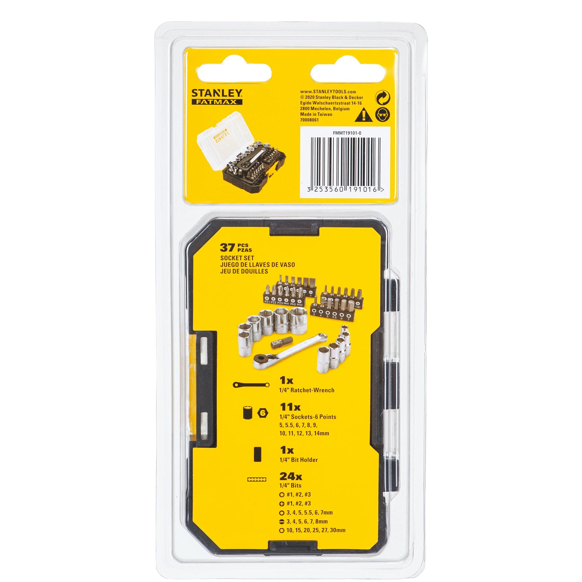 Stanley FMMT19101-0 FatMax - Juego de 37 piezas (1/4", en maletín pequeño, compatible con el sistema T-STAK, incluye llave de carraca, vasos, puntas y portapuntas), color negro y amarillo