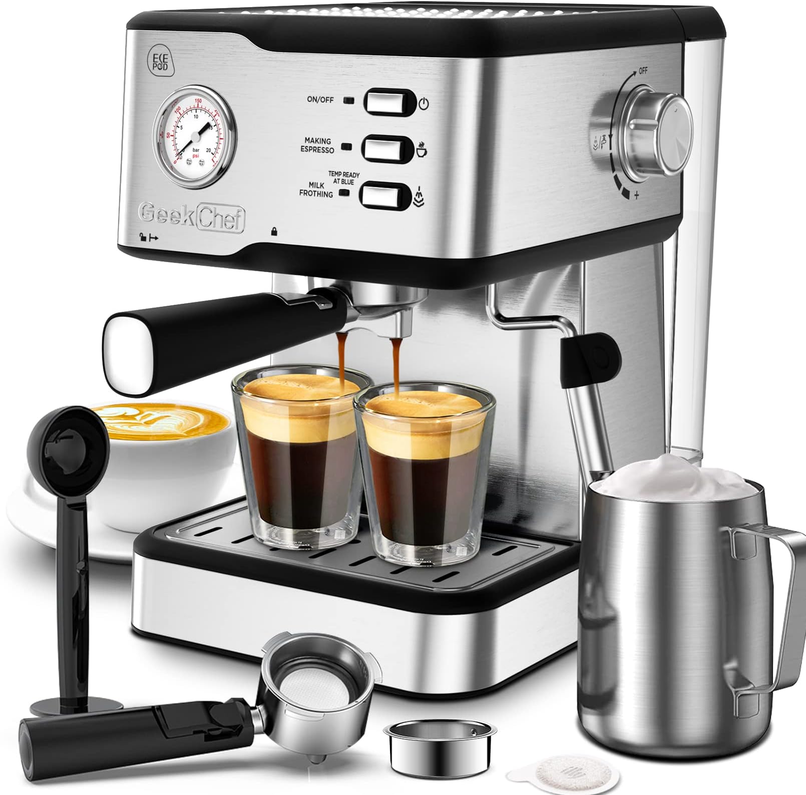 Geek ChefEspresso Machine 20 Bar Pump Pressure Cappuccino latte Maker Coffee Machine with ESE POD filter&Pressure gauge, 1.5L Water Tank, Stainless steel