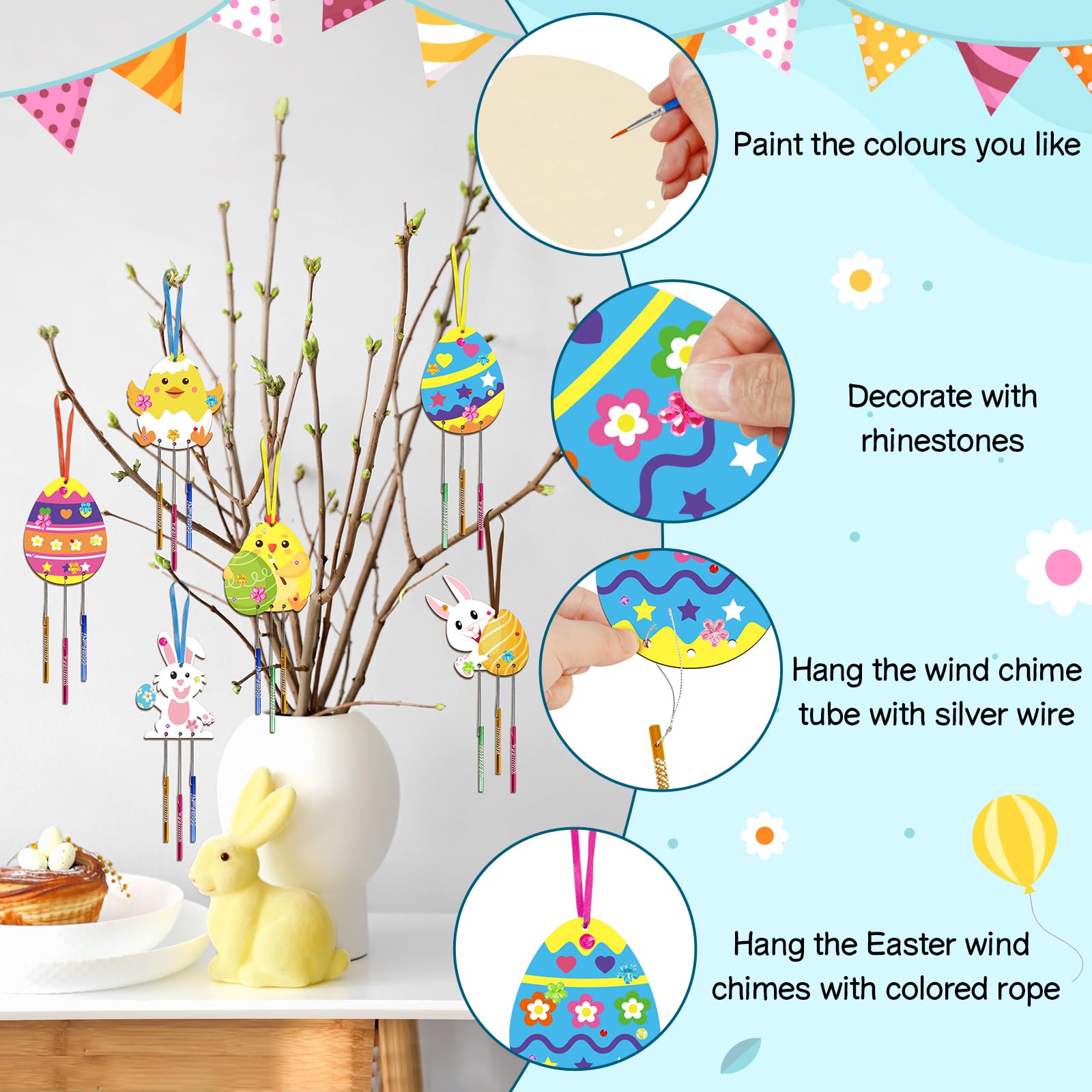HONMOK Kit Créatif Carillons Vent Poussins En Bois - 8 Kits Loisirs Créatifs Enfants Avec Peinture Et Accessoires Pour Activités Pâques Et DIY