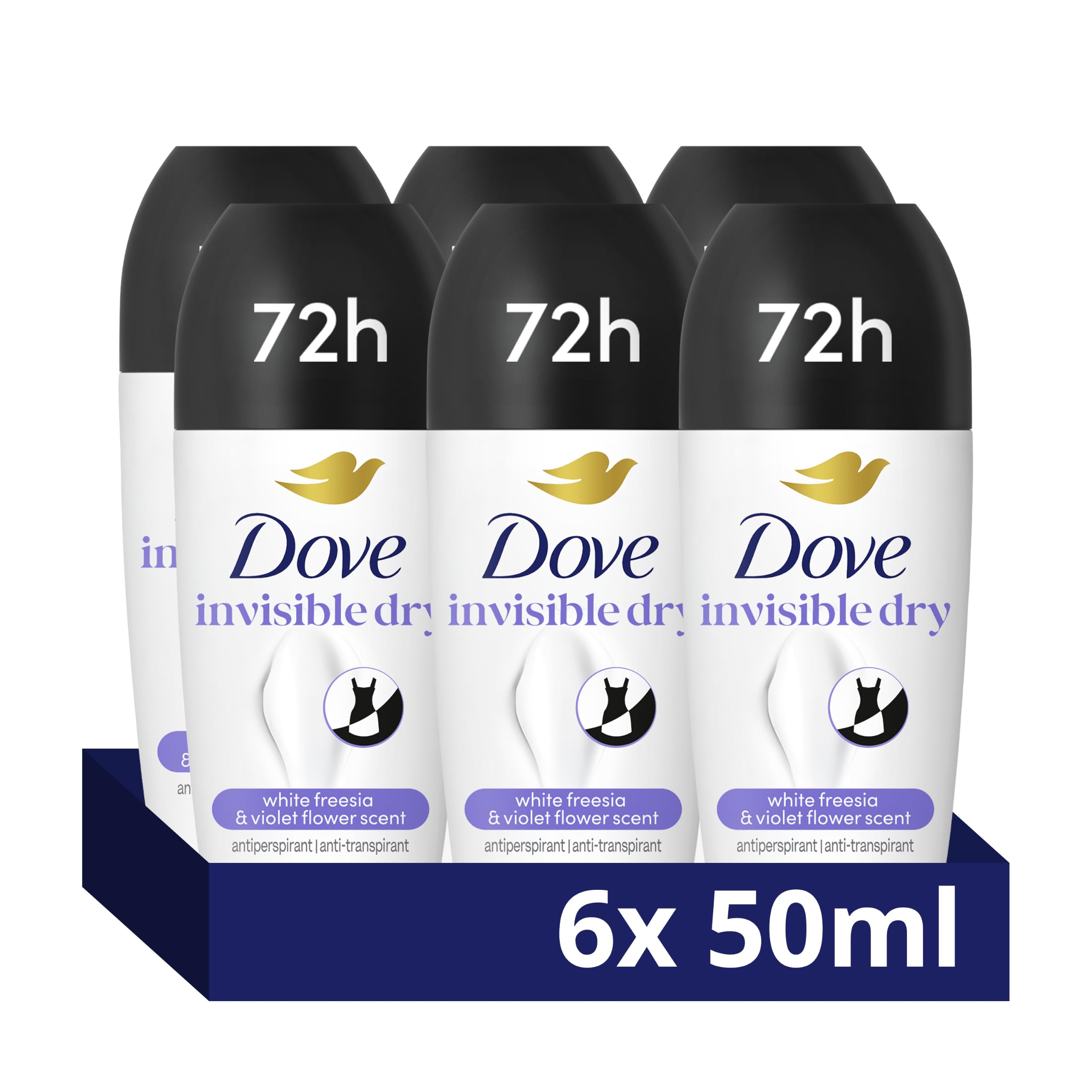Dove Advanced Care Invisible Dry Anti-perspirant Deodorant pack of 6 with Triple Moisturising technology roll-on for 48 hours of protection 50 ml