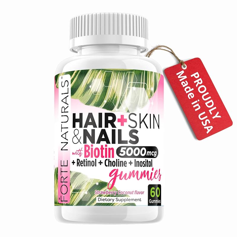 FORTE NATURALS Suplemento para cabelos, pele e unhas com biotina 5000 mcg, vitaminas, colina, inositol e iodo — 60 gomas