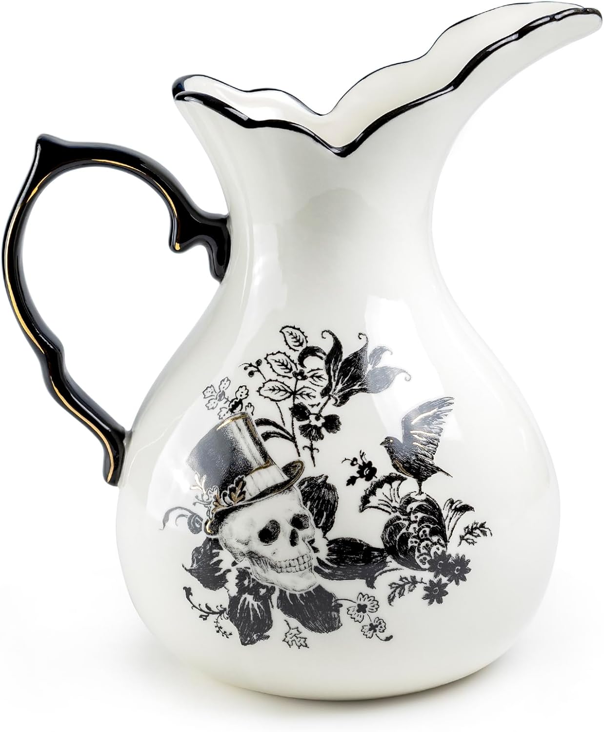 Halloween Victorian Skull Couple Large Pitcher, Black and Gold 2.8qt Capacity, Goth Gothic Theme Party, Beverage Server, Halloween Centerpiece