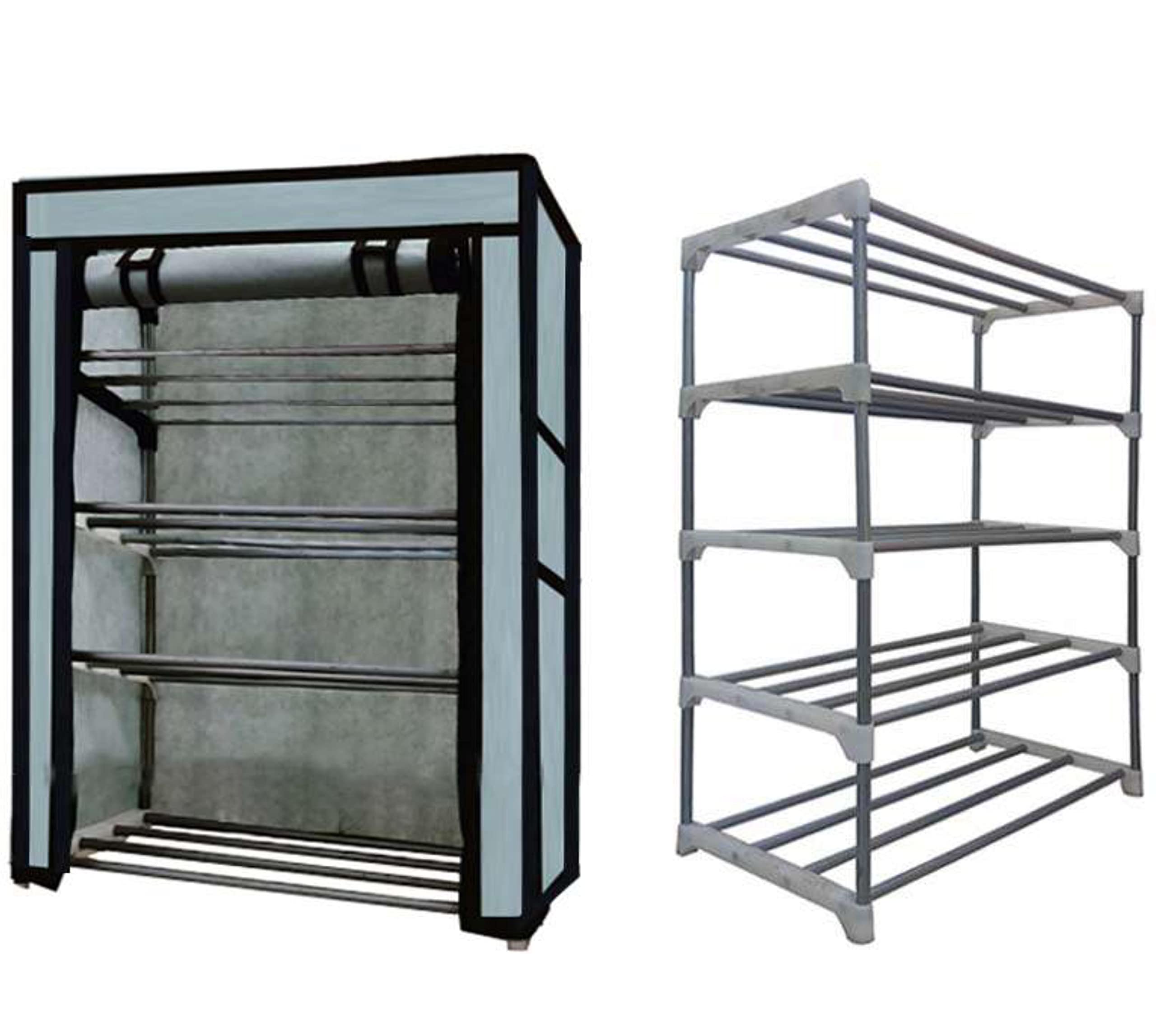 Collapsible Wardrobe 4 Tiers Metal Pipe With Non-Woven 100Gsm Fabric Cover Shoe/Cloth/Toy/Books Rack-Grey, 30X75X55 Cm-image-10