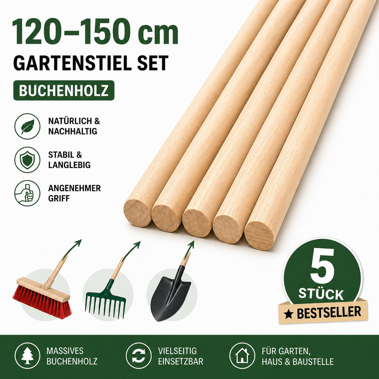 All4All Besenstiel 150cm - Holzstiel - Gerätestiel - Spatenstiel - Ersatz - Spaten - Stiel aus Buch - Ersatzstiel - Gartengeräte - Buchenholz - Spatenstie (5 Stück)