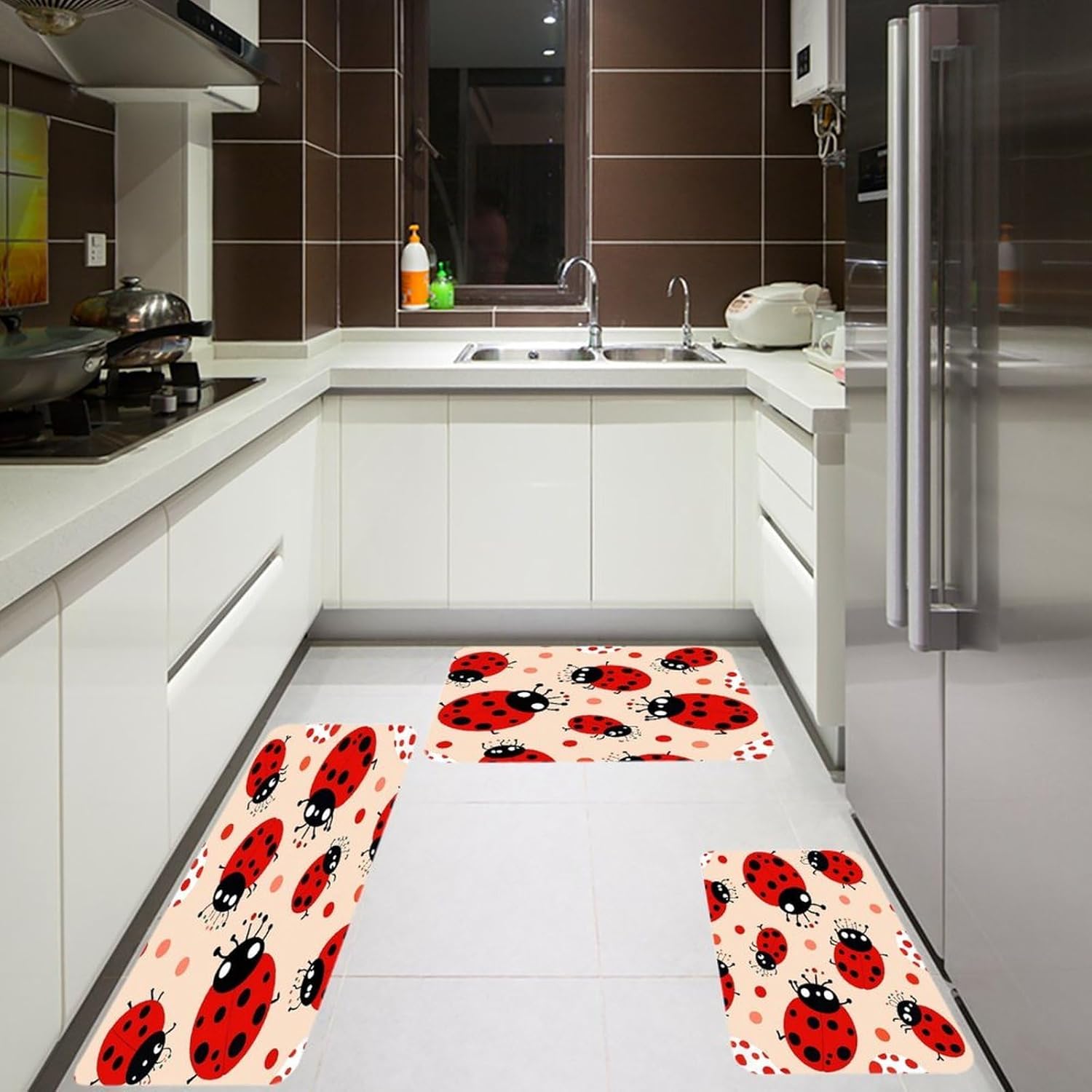 Cute Ladybug Kitchen Mats for Floor 3PCS Waterproof Low-Profile Kitchen Rugs Floor Mat Non Slip Anti Fatigue Mats Comfort Standing Mat Runner Rug Area Rug 6"x24"+20"x31"+17"x47"