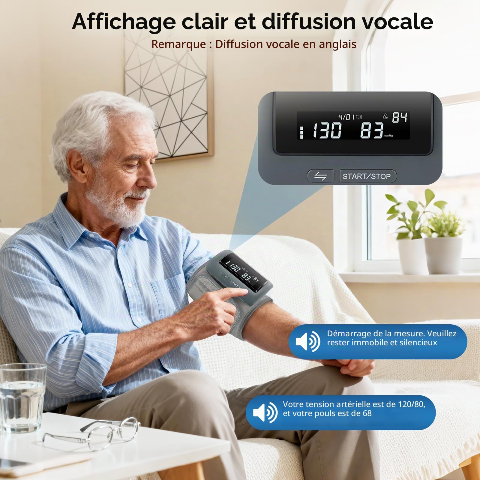 Tensiomètre de Bras Intelligent avec Annonce Vocale – Tensiomètre Numérique avec Batterie Rechargeable et Brassard – Idéal pour la Maison et les Déplacements