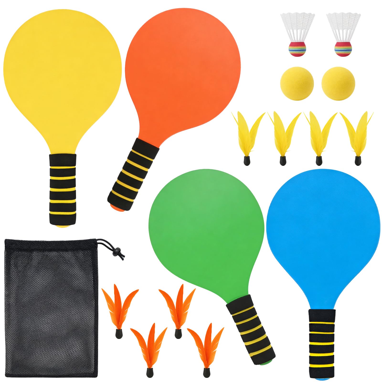 Beach Ball Spiel Set, Draußen Kinder Beachball Set with 2 Schläger, 6 Federbälle, 2 Haltbare Plastikbälle, 1 Tasche, Strandball Schlägerset Sommer Paddleball Spielset für Party