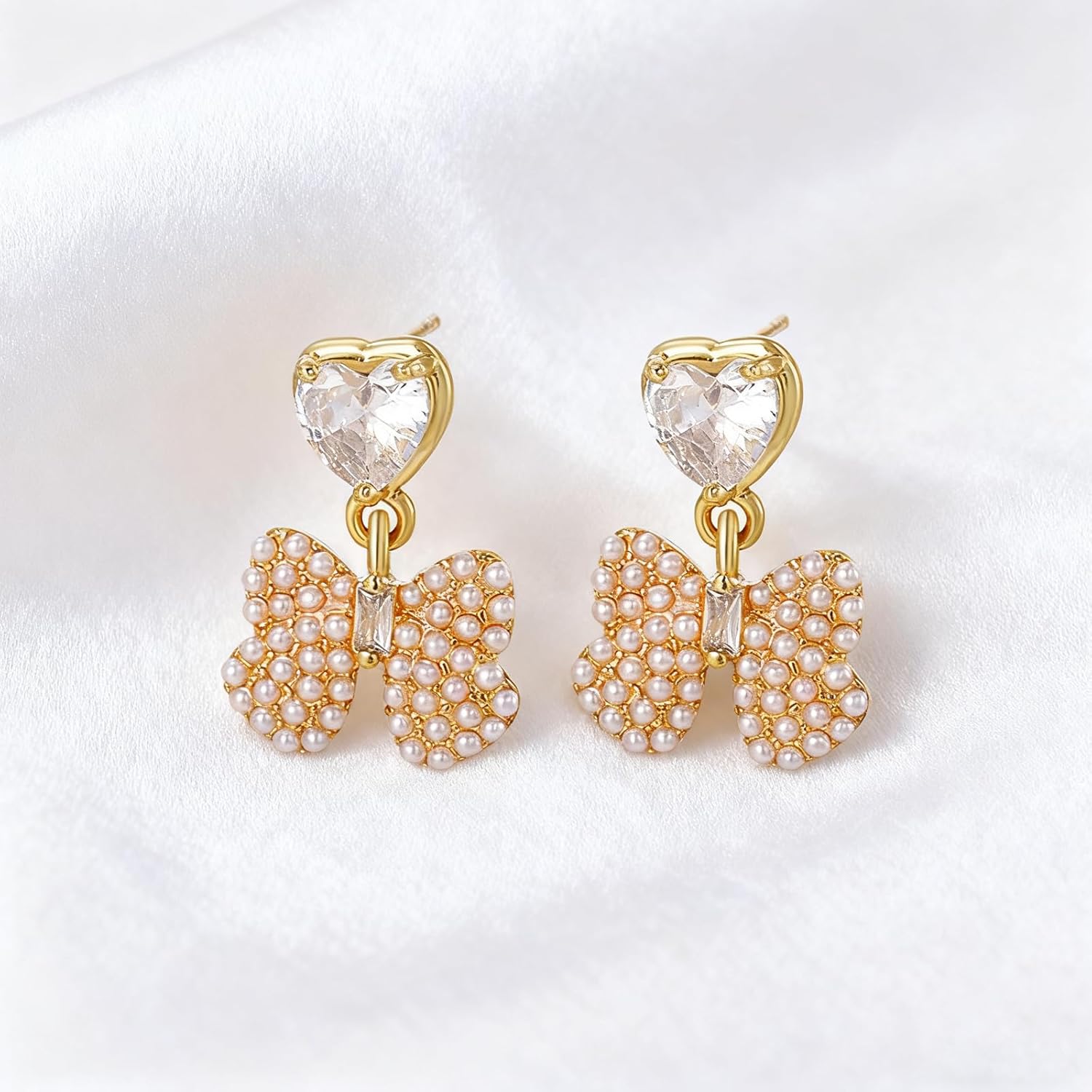 Gold Pearl Bow Stud Earrings for Women Dainty Heart Rhinestone Bow Earings Elegant Bride Wedding Earring Christmas Jewelry Gifts - Image 4