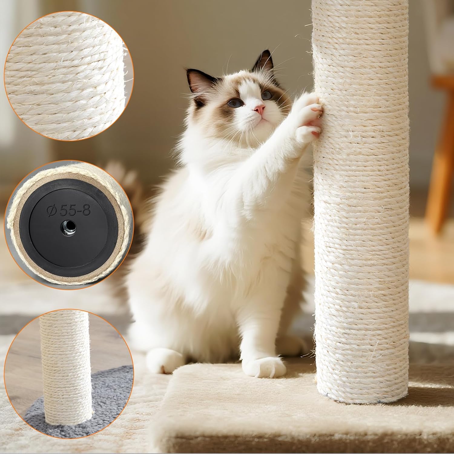 4 Pack Cat Scratching Post Replacement, 11.8 x 2.7 Inch Sisal Poles with M8 Screws, Refill Parts for Indoor Cat Towers and Furniture Repair-White