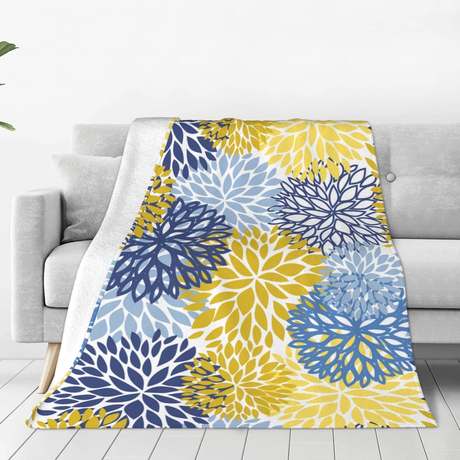 Blue Yellow and Navy Chrysanthemum Flowers Throw Blanket for Bed Sofa Couch Spring Fleece Blankets Lightweight Soft Cozy 60"x50"