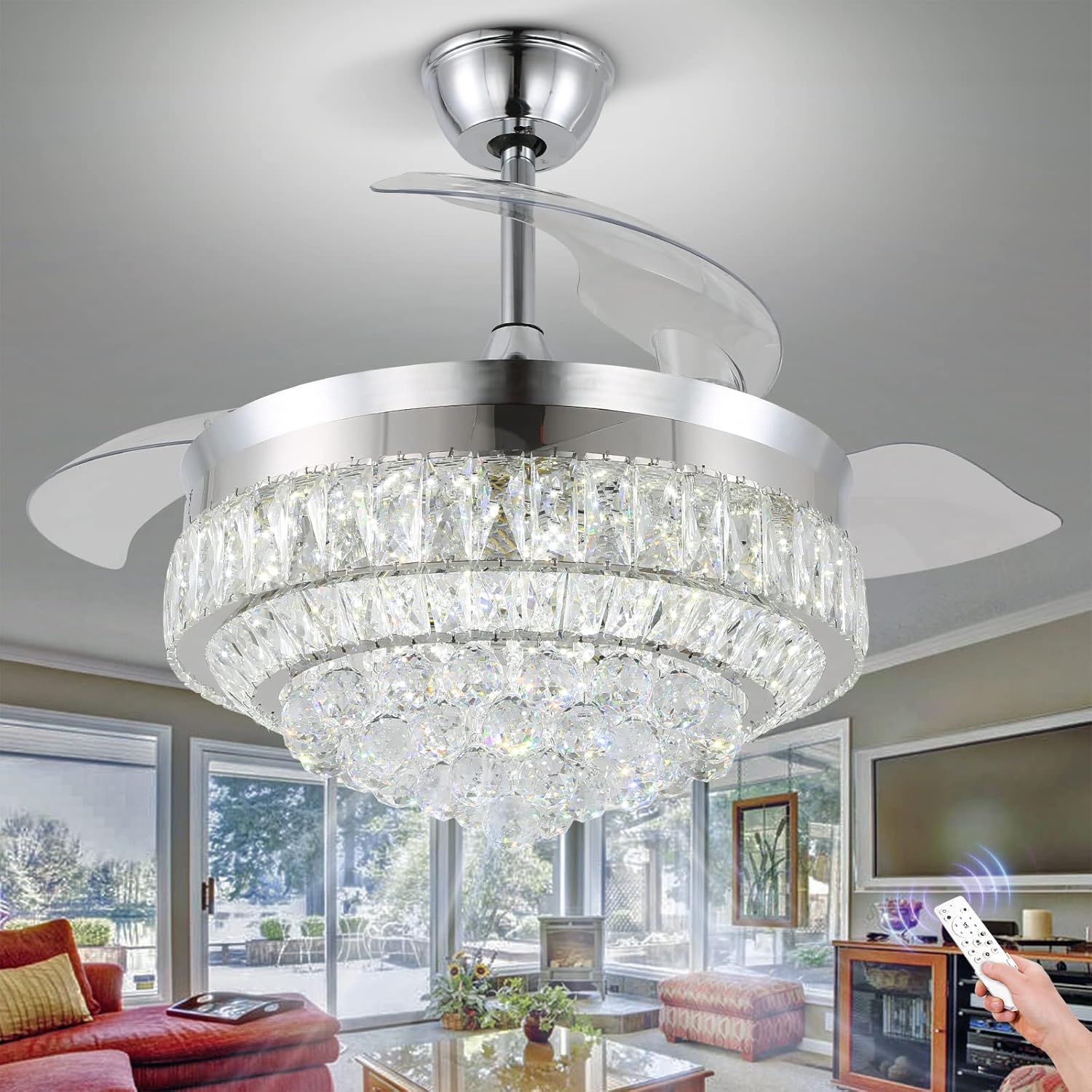 CXGLEAMING 42″ Crystal Chandelier Ceiling Fans,Dimmable Fandelier Retractable Ceiling Fan with